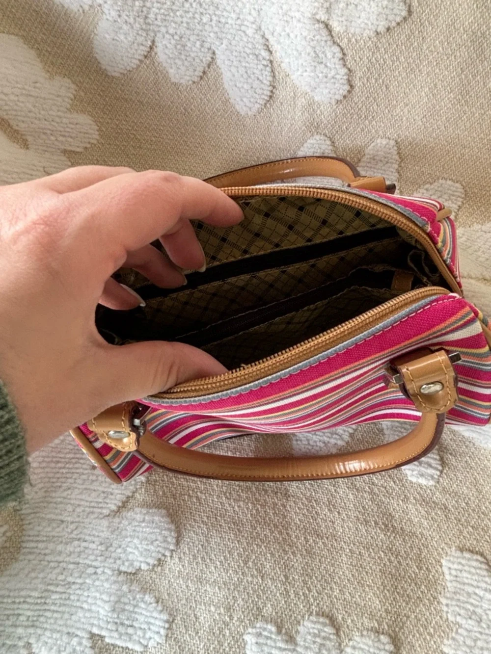 Striped Pink Multi-Color Canvas Satchel with Tan Handles - Picture 10 of 12
